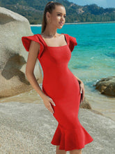 ADYCE Solid Color Square Neck Sleeveless Bandage Ruffle Hem Mermaid Dress